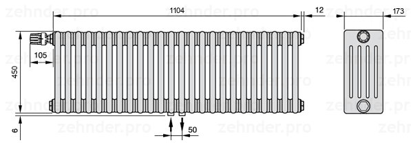 Схема (чертеж) Радиатор Zehnder Charleston 5045/24 №V007 Белый глянцевый RAL 9016